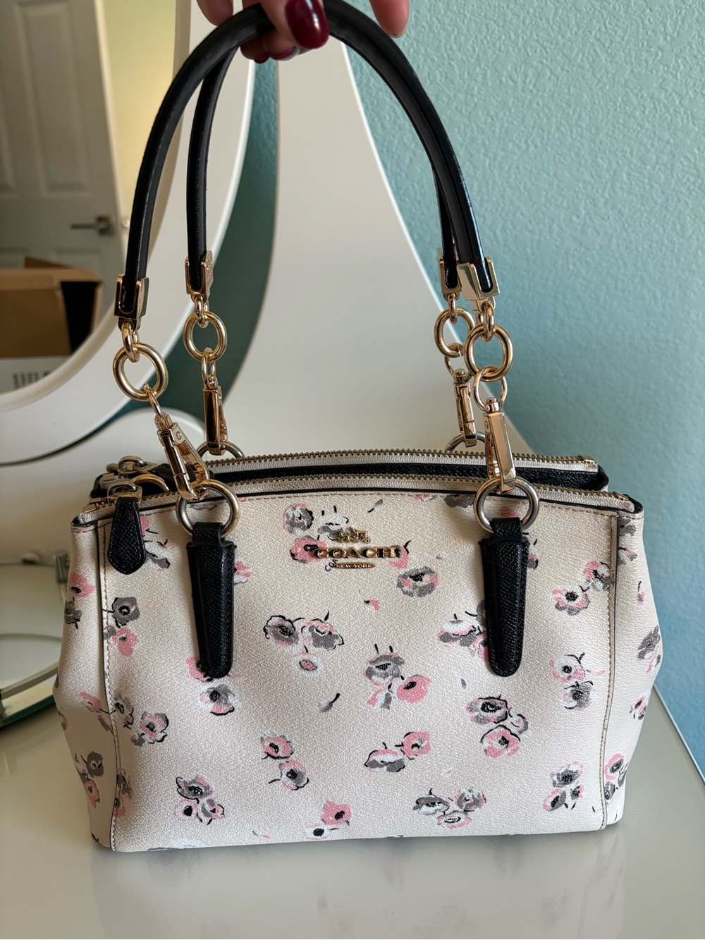Coach Small Floral Satchel in Pink, Black and Cream